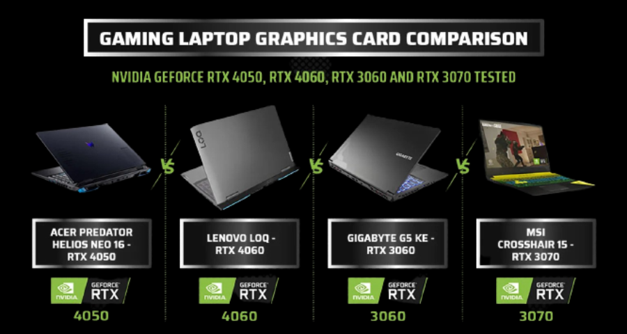NVIDIA GeForce RTX 4050, RTX 4060, RTX 3060, and RTX 3070 gaming laptop graphics card comparison